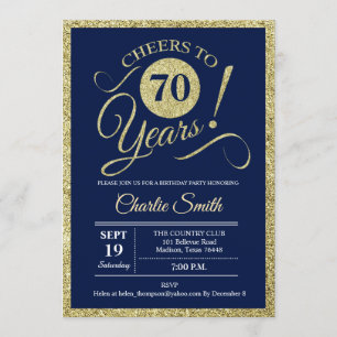70th Birthday Party - Navy Gold ANY YEAR Invitation