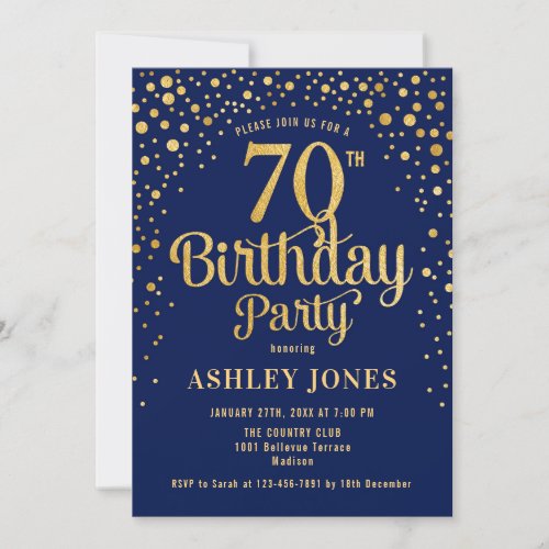 70th Birthday Party _ Navy  Gold Invitation