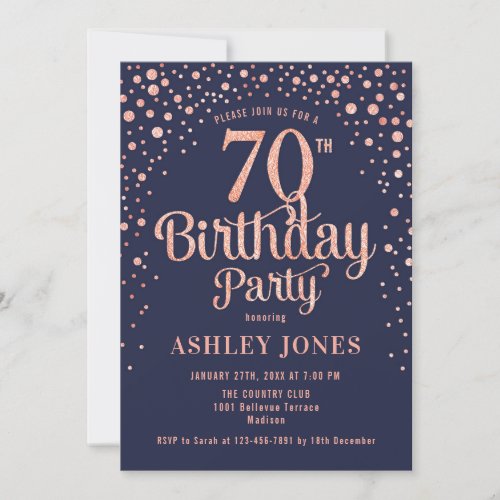 70th Birthday Party _ Navy  Rose Gold Invitation