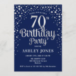 70th Birthday Party - Navy & Silver Invitation<br><div class="desc">70th Birthday Party Invitation.
Elegant design in dark navy blue and faux glitter silver. Features stylish script font and confetti. Message me if you need custom age.</div>