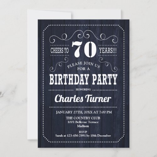 70th Birthday Party _ Navy Wood Pattern Invitation