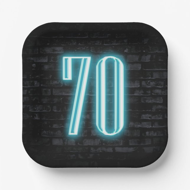 70th Birthday Party Neon Sign on Brick  Paper Plates (Front)
