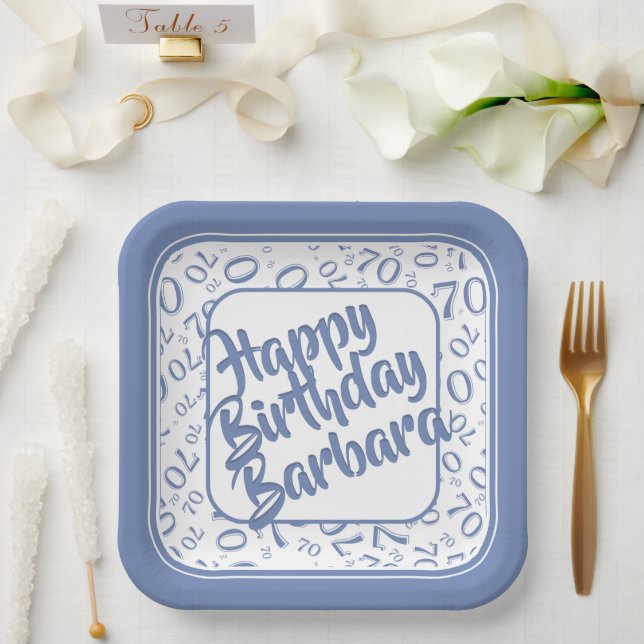 70th Birthday Party Number Pattern Blue White Paper Plates (Wedding)