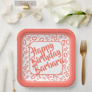 70th Birthday Party Number Pattern Coral White Paper Plates