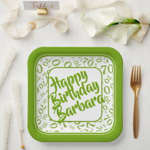 70th Birthday Party Number Pattern Green White Paper Plates