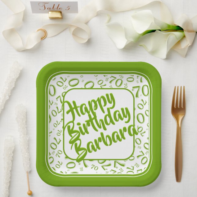 70th Birthday Party Number Pattern Green White Paper Plates (Wedding)