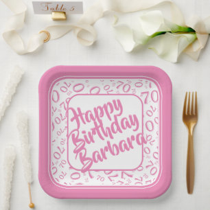 70th Birthday Party Number Pattern Pink White Paper Plates