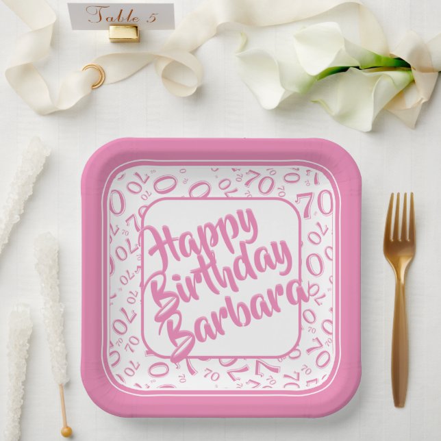 70th Birthday Party Number Pattern Pink White Paper Plates (Wedding)