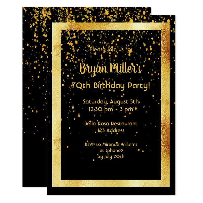 70th Birthday Party On Black With Faux Gold Frame Invitation Zazzle Com