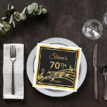 70th birthday party on classic black gold music napkins<br><div class="desc">A napkin for an elegant black and gold themed 70th birthday party. Black background color and a faux gold frame. With classic swirl decor and golden music notes. Templates for a name, age and date of the party. The background is transparent so you can change the color to match your...</div>