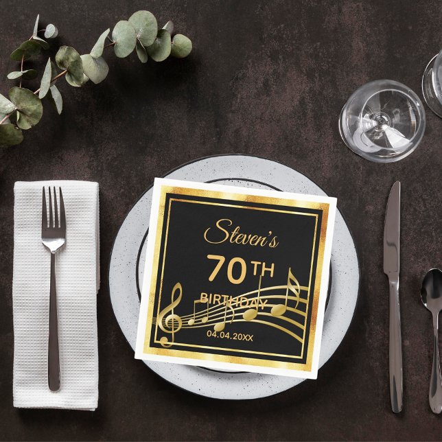 70th birthday party on classic black gold music napkins (Creator Uploaded)