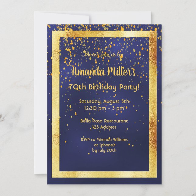 70th birthday party on midnight blue gold frame invitation (Front)