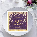70th birthday party on purple with golden diamonds napkins<br><div class="desc">A napkin for an elegant purple and gold 70th birthday party. Templates for a name, age and date of the party. Golden colored letters. Purple background color and a faux gold frame. With glamorous faux golden diamonds. (no real diamonds) The background is transparent so you can change the color to...</div>
