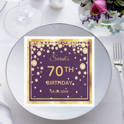 70th birthday party on purple with golden diamonds napkins