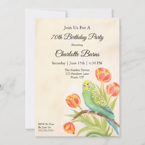 70th Birthday Party Parakeet with Tulips Invitation