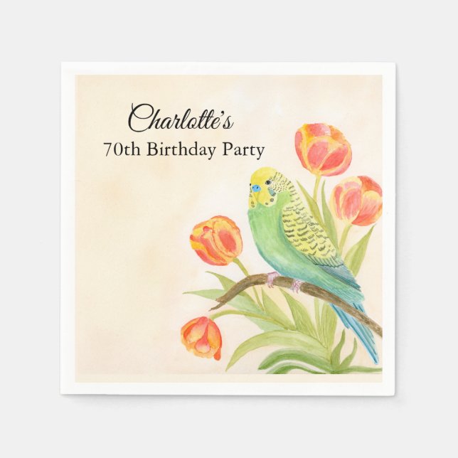 70th Birthday Party Parakeet with Tulips  Napkins (Front)