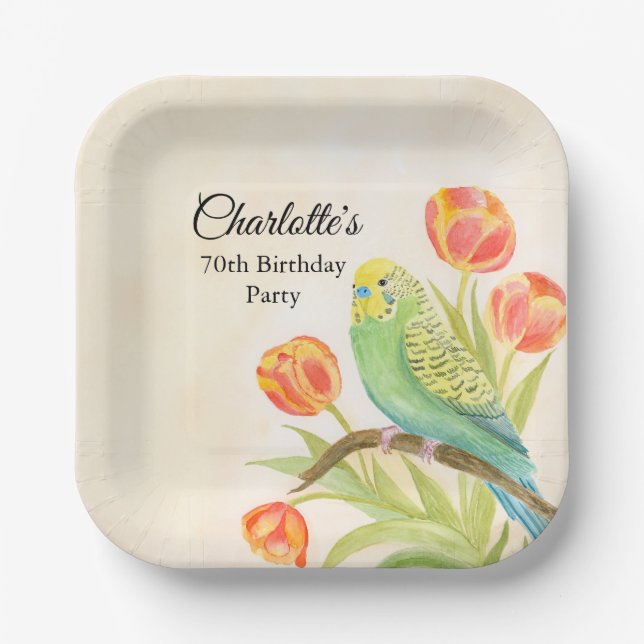 70th Birthday Party Parakeet with Tulips  Paper Plates (Front)