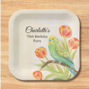 70th Birthday Party Parakeet with Tulips Paper Plates