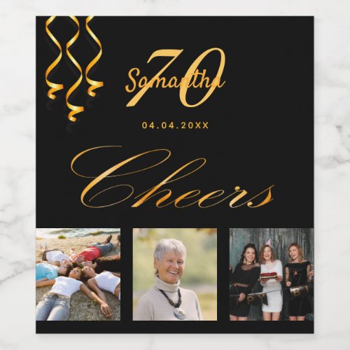 70th birthday party photo black gold cheers script wine label