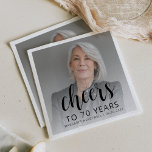 70th Birthday Party Photo Black Script Cheers Napkins<br><div class="desc">This custom 70th birthday napkin features the guest of honor's personalized photo,  name,  and birthday,  along with the word "Cheers" in elegant black calligraphy script. A white screen helps make the text pop. A great way to celebrate someone who's turning seventy!</div>