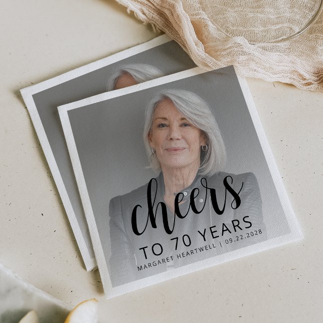 70th Birthday Party Photo Black Script Cheers Napkins (Creator Uploaded)