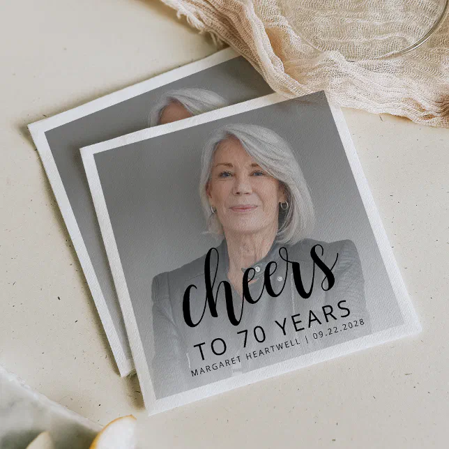70th Birthday Party Photo Black Script Cheers Napkins | Zazzle