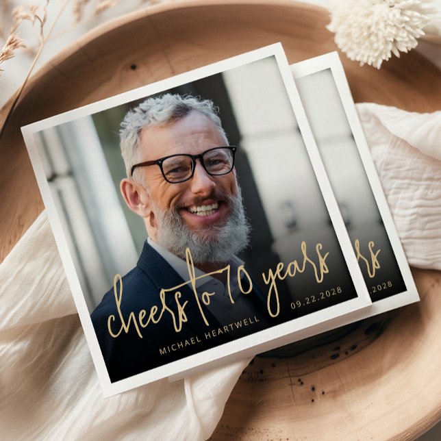 70th Birthday Party Photo Cheers Gold Script Napkins (Creator Uploaded)