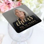 70th Birthday Party Photo Cheers Square Paper Coaster<br><div class="desc">This custom 70th birthday paper coaster features the guest of honor's personalized photo,  name,  and birthday,  along with the word "Cheers" in elegant gold-colored calligraphy script. A dark screen helps make the text pop. A great way to celebrate someone who's turning seventy!</div>