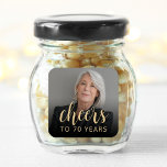 70th Birthday Party Photo Cheers Square Sticker<br><div class="desc">This custom 70th birthday sticker features the guest of honor's personalized photo and birthday,  along with the word "Cheers" in elegant gold-colored calligraphy script. A dark screen helps make the text pop. A great way to celebrate someone who's turning seventy!</div>