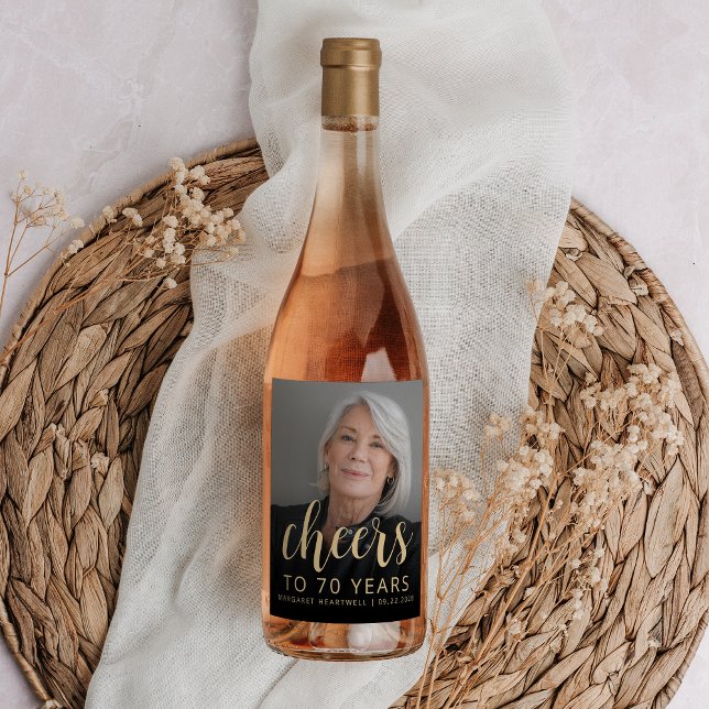 70th Birthday Party Photo Cheers Wine Label (Creator Uploaded)