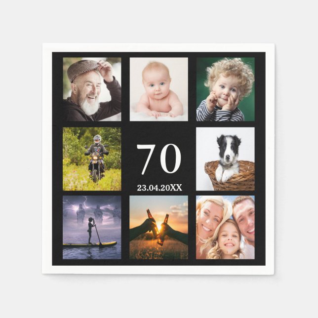70th birthday party photo collage black napkins (Front)