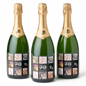 70th birthday party photo collage black sparkling wine label