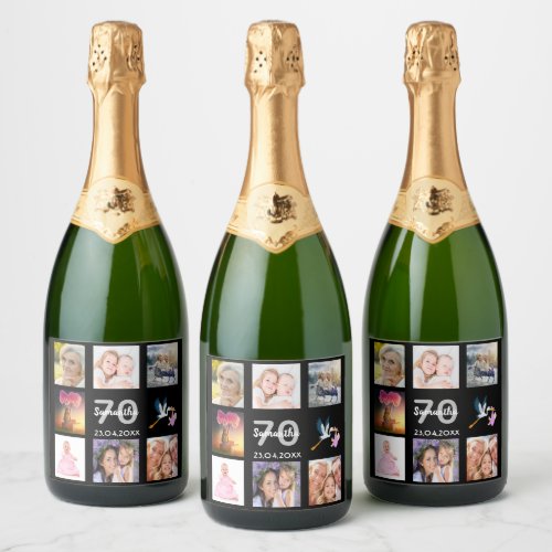 70th birthday party photo collage black sparkling wine label