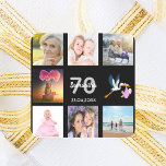 70th birthday party photo collage black square sticker<br><div class="desc">A sticker for a girly 70th birthday party,  celebrating her life with a collage of 8 of your photos.  Templates for a name,  age 70 and a date.  Date of birth or the date of the party.  White and gray colored letters.  Elegant black background.</div>