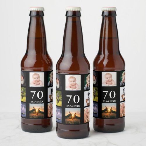 70th birthday party photo collage guy black beer bottle label