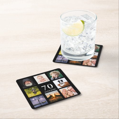 70th birthday party photo collage guy black square paper coaster