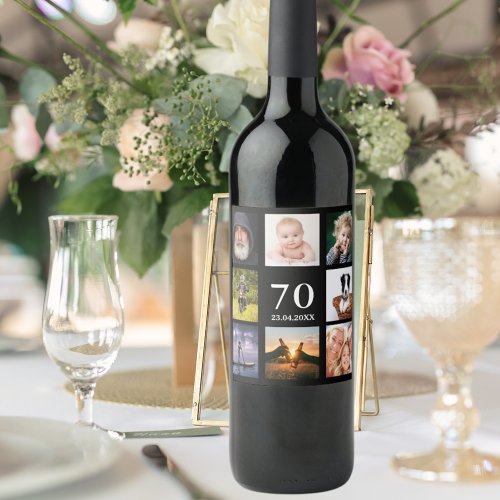 70th birthday party photo collage guy black wine label