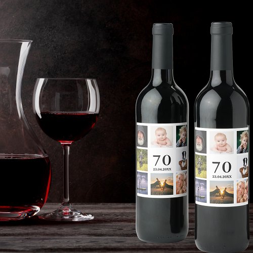 70th birthday party photo collage guy men wine label