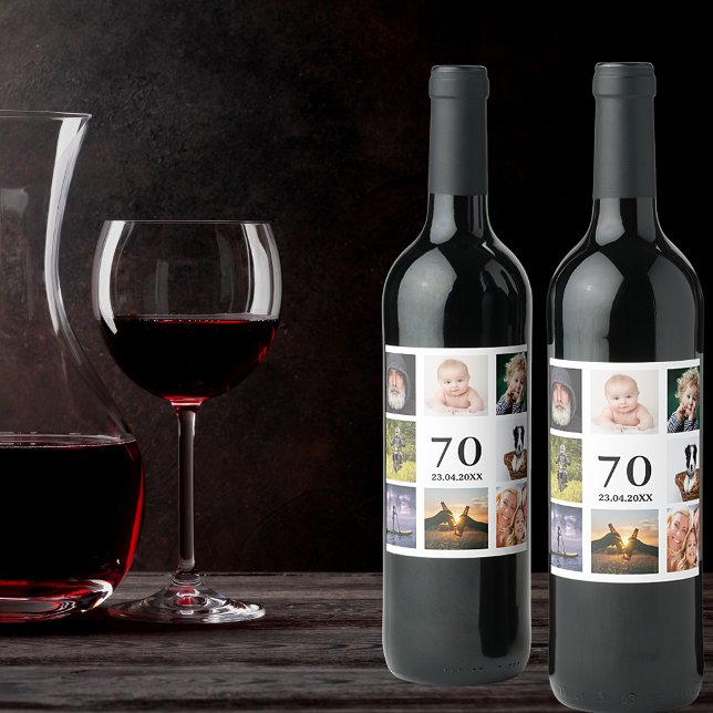 70th birthday party photo collage guy men wine label (Creator Uploaded)