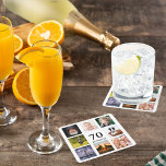 70th birthday party photo collage guy white square paper coaster<br><div class="desc">A coaster for a 70th birthday party for a guy,  celebrating his life with a collage of 8 of your own photos.  Templates for the age 70 and a date.  Date of birth or the date of the party.  Black colored letters.  White background.</div>