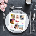 70th birthday party photo collage napkins<br><div class="desc">A napkin for a girly 70th birthday party,  celebrating her life with a collage of 8 of your photos.  Templates for a name,  age 70 and a date.  Date of birth or the date of the party.  Coral and burgundy colored letters.  White background.</div>