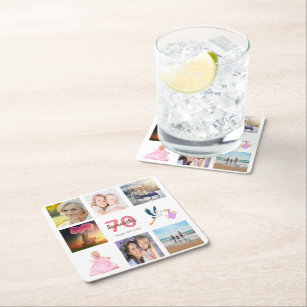 70th birthday party photo collage white square paper coaster