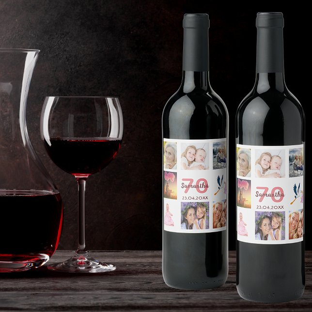70th birthday party photo collage wine label (Creator Uploaded)