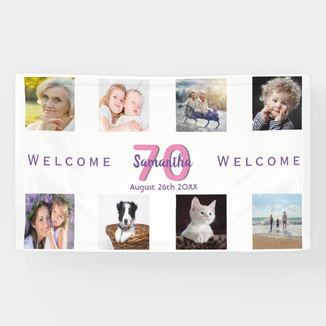 70th birthday party photo collage woman white banner (Horizontal)