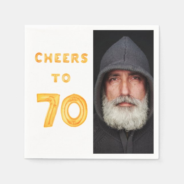 70th birthday party photo gold balloons cheers napkins (Front)