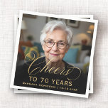 70th Birthday Party Photo Gold Script Cheers  Napkins<br><div class="desc">Elevate your celebration with these 70th Birthday Party Photo Gold Script Cheers Napkins. Designed with an elegant gold script and a personalized photo, these napkins add a sophisticated touch to your special occasion. Perfect for a stylish and memorable 70th birthday party, they complement any table setting with a luxe and...</div>