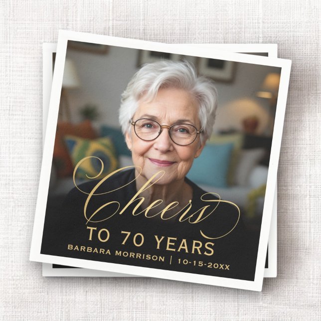70th Birthday Party Photo Gold Script Cheers  Napkins (Creator Uploaded)