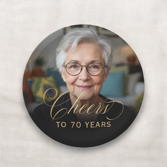 70th Birthday Party Photo Gold Script Cheers  Paper Plates (Creator Uploaded)