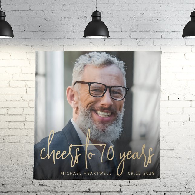 70th Birthday Party Photo Gold Script Cheers Tapestry (Creator Uploaded)