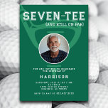 70th Birthday Party Photo Modern Golf Green Invitation<br><div class="desc">Celebrate in style with this golf-themed milestone birthday invitation, featuring the clever pun "Seven-Tee (and still on par)" for a fun and sporty touch. Set against a vibrant green background, this design showcases a bold golf club and tee illustration, with a customizable photo of the birthday honoree inside the golf...</div>